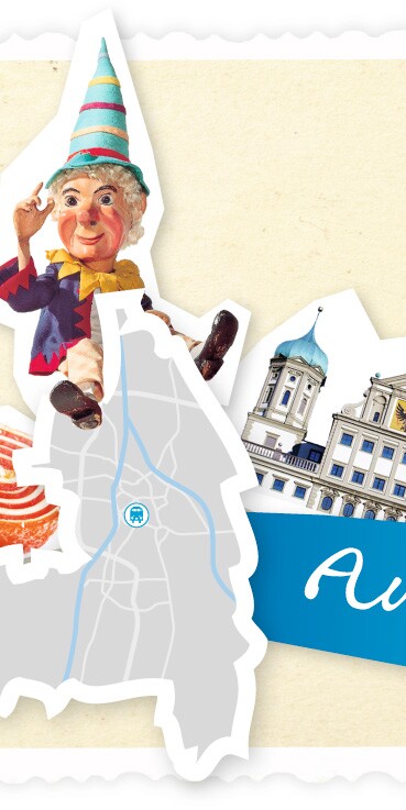 Collage: Süßigkeiten, eine Puppe aus der Augsburger Puppenkiste, eine Stadtkarte und Wahrzeichen der Stadt.